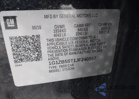 2018 Chevrolet Malibu 1Ls из США, поврежденный, VIN 1G1ZB5ST1JF240557